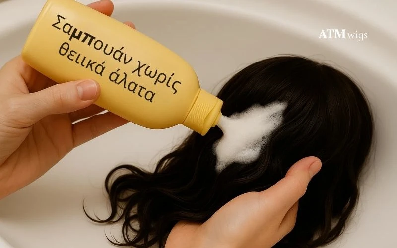 Washing a Πλύσιμο περούκας με σαμπουάν χωρίς θειικά άλαταwith sulfate-free shampoo Πλύσιμο περούκας με σαμπουάν χωρίς θειικά άλατα