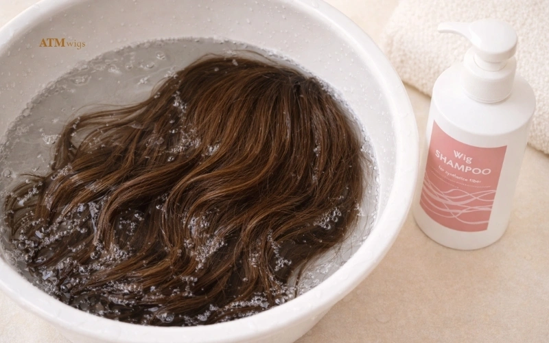 Washing synthetic wig in cool water with wig shampoo Washing synthetic wig in cool water with wig shampoo