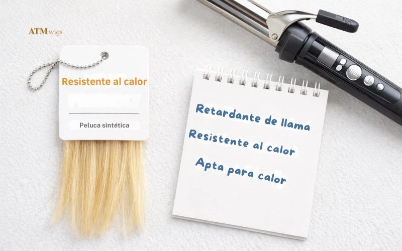 Etiqueta de una peluca sintética mostrando información sobre la fibra y su tolerancia al calor Etiqueta de una peluca sintética mostrando información sobre la fibra y su tolerancia al calor