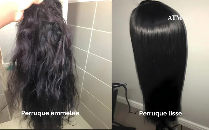 Comparaison entre une perruque emmêlée et une perruque lisse Comparaison entre une perruque emmêlée et une perruque lisse