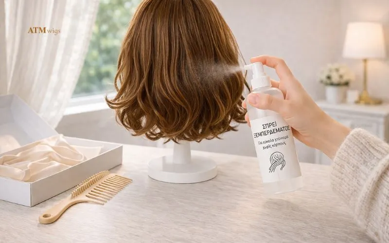 Detangling spray σε συνθετική περούκα πριν από το βούρτσισμα Detangling spray σε συνθετική περούκα πριν από το βούρτσισμα