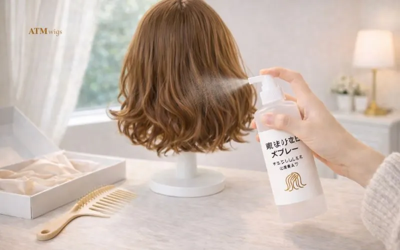 ブラッシング前に人工毛ウィッグへ detangling spray を使っている様子 ブラッシング前に人工毛ウィッグへ detangling spray を使っている様子