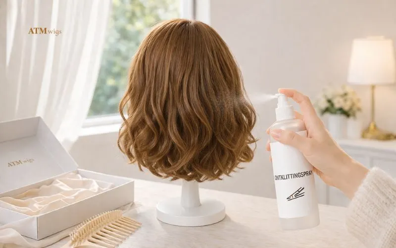 Detangling spray op een synthetische pruik vóór het borstelen Detangling spray op een synthetische pruik vóór het borstelen