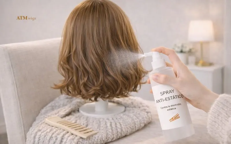 Spray antiestático aplicado en la nuca de una peluca sintética para reducir la fricción con la ropa Spray antiestático aplicado en la nuca de una peluca sintética para reducir la fricción con la ropa