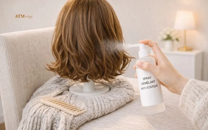 Spray anti-statique appliqué sur la nuque d’une perruque synthétique en frottement avec les vêtements Spray anti-statique appliqué sur la nuque d’une perruque synthétique en frottement avec les vêtements