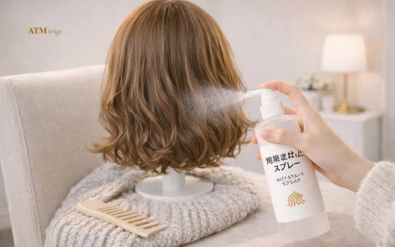 服との摩擦で静電気が起きやすい人工毛ウィッグの襟足に anti-static spray を使っているイメージ 服との摩擦で静電気が起きやすい人工毛ウィッグの襟足に anti-static spray を使っているイメージ
