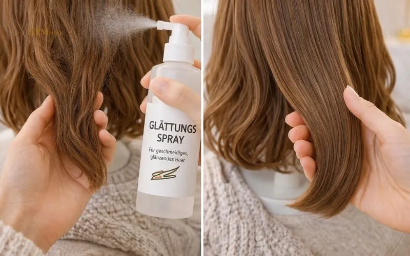 Glättungsspray reduziert Frizz auf Kunsthaarfasern Glättungsspray reduziert Frizz auf Kunsthaarfasern