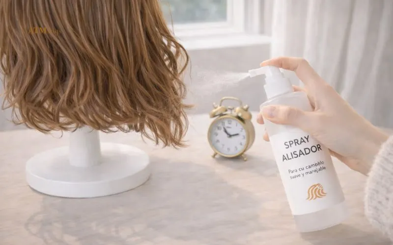 Prueba de spray en una pequeña sección de una peluca sintética Prueba de spray en una pequeña sección de una peluca sintética