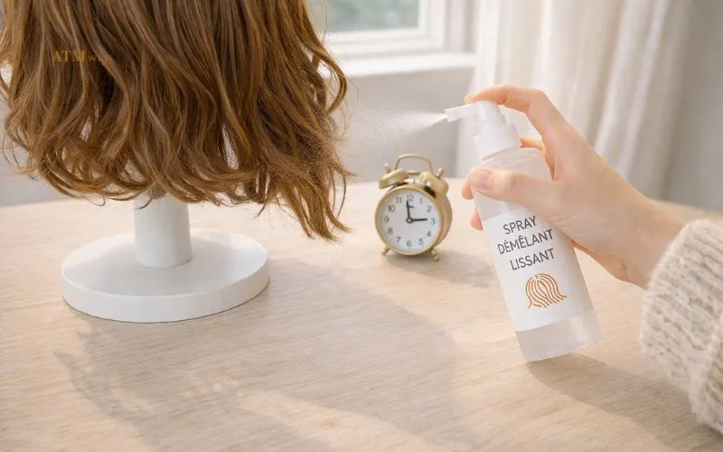 Test d’un spray sur une petite mèche de perruque synthétique Test d’un spray sur une petite mèche de perruque synthétique