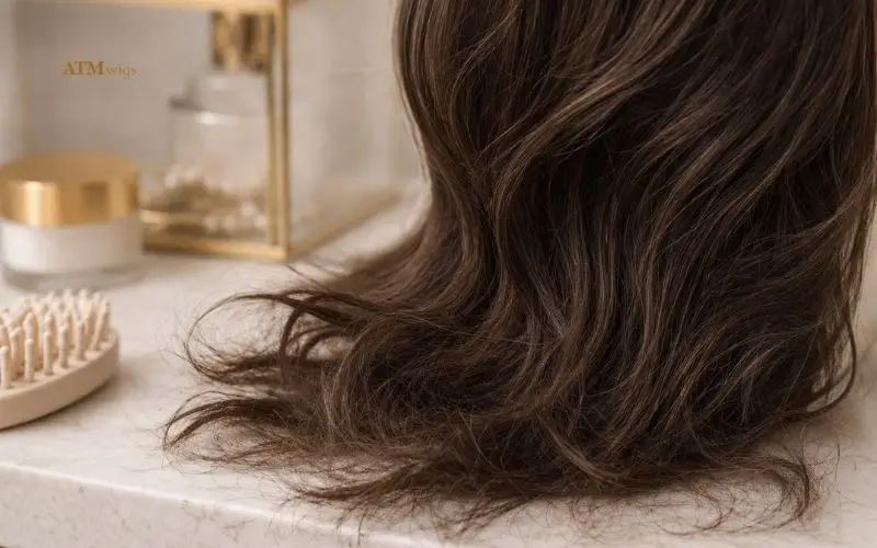 Desgaste de peluca por uso: comparación de brillo y ligero encrespamiento en puntas, señales sutiles de desgaste (sin exagerar), look realista y profesional, luz suave de estudio. Desgaste de peluca por uso: comparación de brillo y ligero encrespamiento en puntas, señales sutiles de desgaste (sin exagerar), look realista y profesional, luz suave de estudio.
