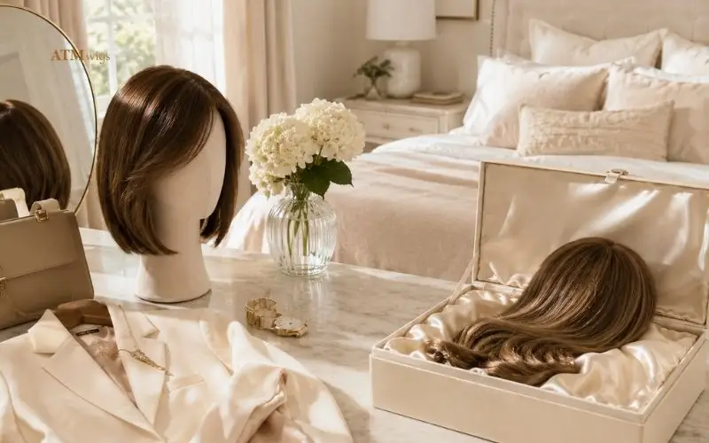 Daily wear and occasional wear monofilament wigs in a luxury bedroom Daily wear and occasional wear monofilament wigs in a luxury bedroom