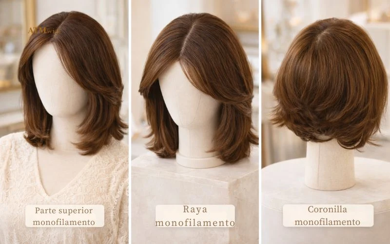 Diferentes tipos de pelucas monofilamento, incluyendo mono top, mono part y mono crown Diferentes tipos de pelucas monofilamento, incluyendo mono top, mono part y mono crown
