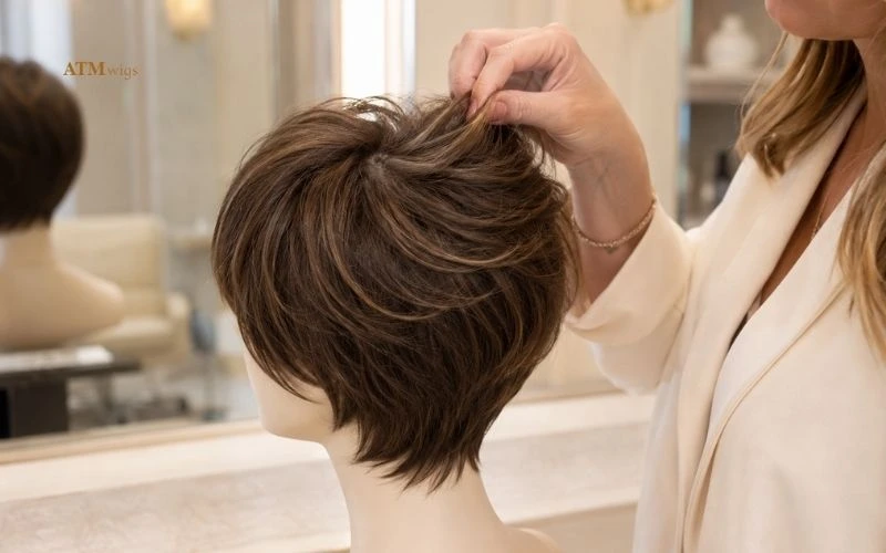Perruque mono crown avec volume naturel à la couronne sur une coupe courte Perruque mono crown avec volume naturel à la couronne sur une coupe courte