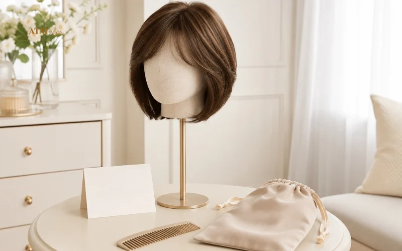 Synthetic monofilament wig on stand with ready to wear care setup Synthetic monofilament wig on stand with ready to wear care setup