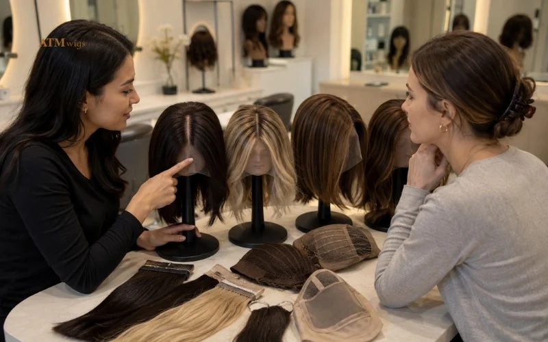 Human hair and synthetic silk top wigs compared by texture and movement Human hair and synthetic silk top wigs compared by texture and movement