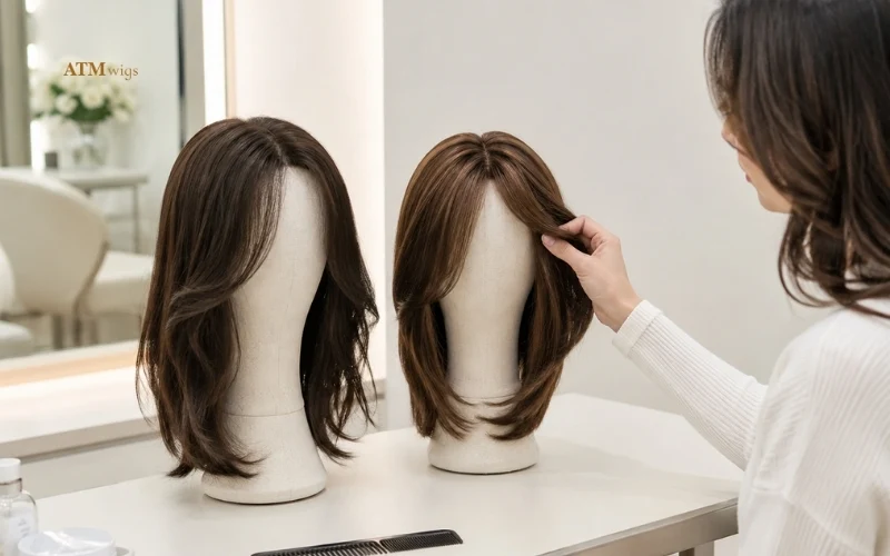 Silk top lace top and monofilament wig constructions compared in a fitting studio Silk top lace top and monofilament wig constructions compared in a fitting studio