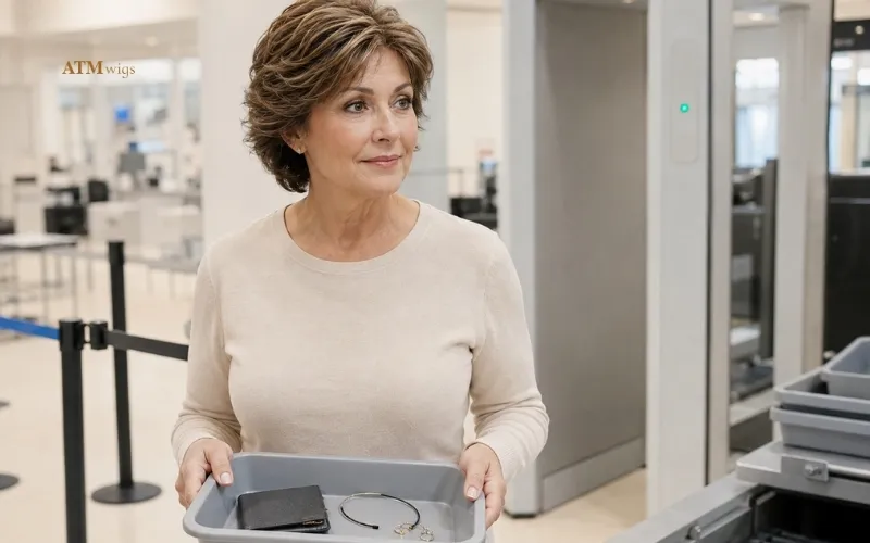 Wearing a wig near an airport body scanner with minimal metal accessories Wearing a wig near an airport body scanner with minimal metal accessories