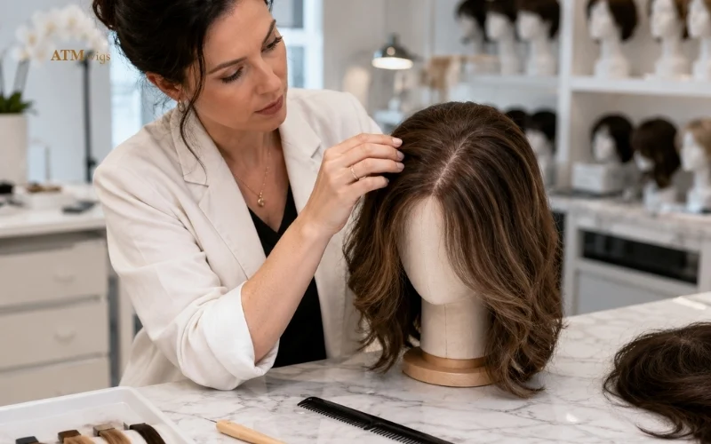 Construction hand tied avec ventilation individuelle des cheveux dans un atelier professionnel Construction hand tied avec ventilation individuelle des cheveux dans un atelier professionnel