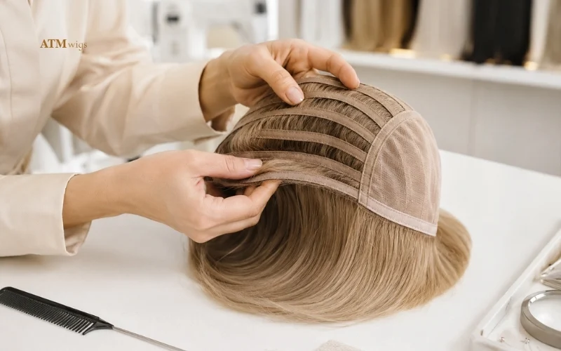 Perruque fabriquée à la machine avec des rangées de wefts inspectées dans un atelier Perruque fabriquée à la machine avec des rangées de wefts inspectées dans un atelier