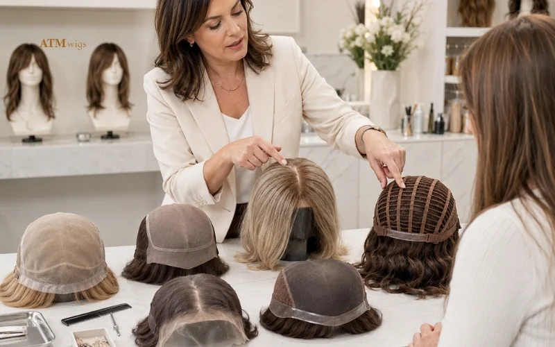 Comparaison de la construction du bonnet et du top avec des zones en lace, monofilament, Silk Top et wefts Comparaison de la construction du bonnet et du top avec des zones en lace, monofilament, Silk Top et wefts