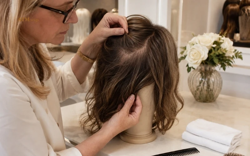 Señales de envejecimiento de una peluca hand tied, incluidos enredos en la nuca y adelgazamiento de la línea frontal Señales de envejecimiento de una peluca hand tied, incluidos enredos en la nuca y adelgazamiento de la línea frontal