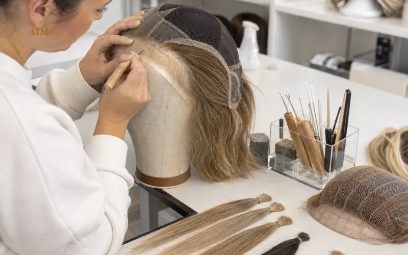 Manual ventilation process showing why hand tied wig construction affects cost Manual ventilation process showing why hand tied wig construction affects cost
