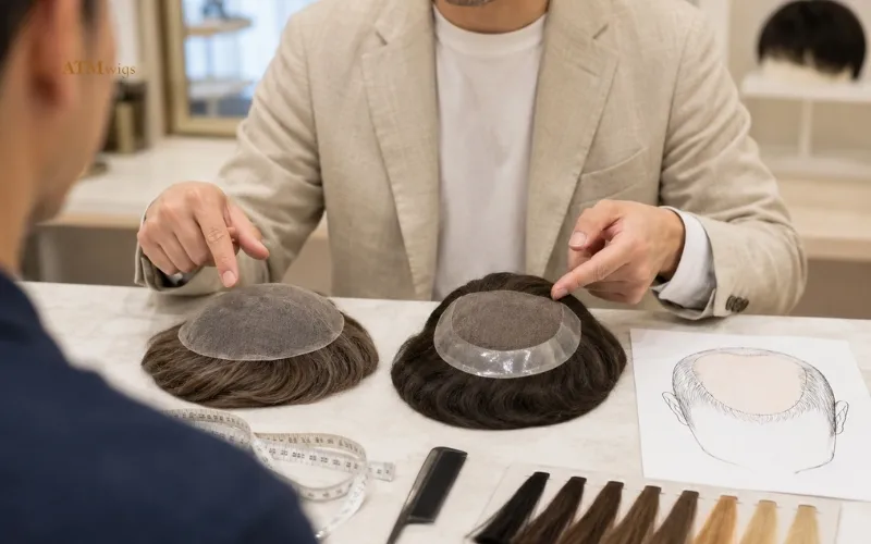 Comparación rápida entre toupees stock y custom sobre una mesa de consulta Comparación rápida entre toupees stock y custom sobre una mesa de consulta