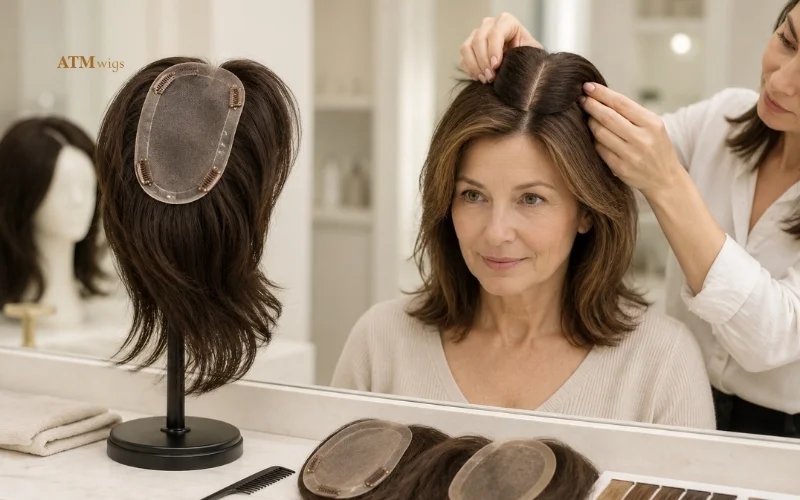 Hair topper partial hairpiece for crown and part line coverage Hair topper partial hairpiece for crown and part line coverage