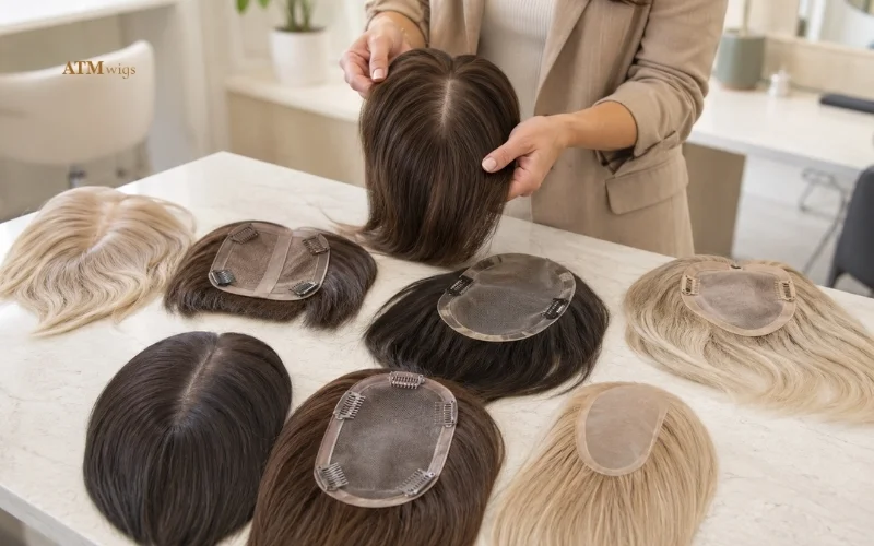Different types of hair toppers with lace mono silk and skin base constructions Different types of hair toppers with lace mono silk and skin base constructions