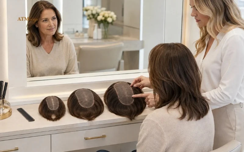 Hair topper base sizes for different levels of thinning around part crown and top Hair topper base sizes for different levels of thinning around part crown and top