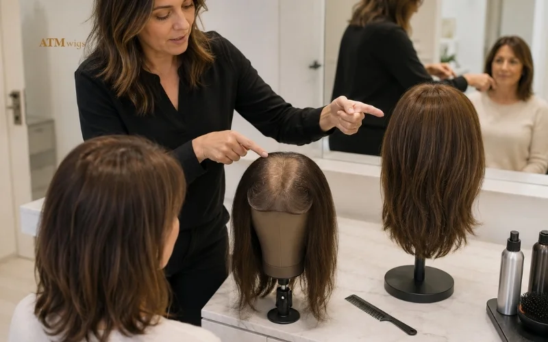 Hair topper and full wig coverage comparison in a salon consultation Hair topper and full wig coverage comparison in a salon consultation