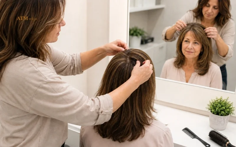 Blending a hair topper with natural hair for seamless partial coverage Blending a hair topper with natural hair for seamless partial coverage