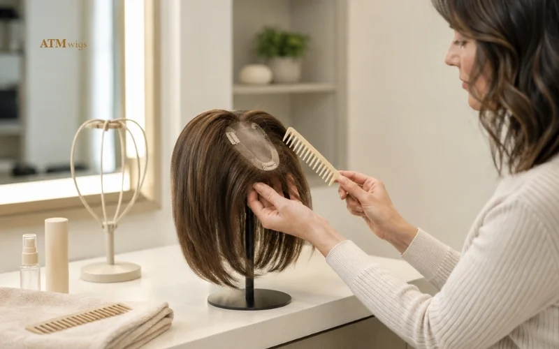Gentle care routine for a human hair topper on a stand Gentle care routine for a human hair topper on a stand