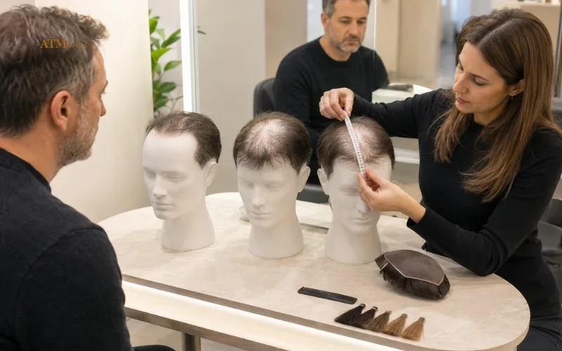 Ajuste de un toupee para proporcionar cobertura inmediata y no quirúrgica en una coronilla con adelgazamiento Ajuste de un toupee para proporcionar cobertura inmediata y no quirúrgica en una coronilla con adelgazamiento