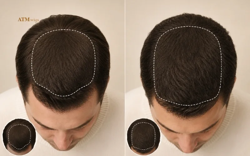 Toupee and hair system comparison showing different scalp coverage areas Toupee and hair system comparison showing different scalp coverage areas