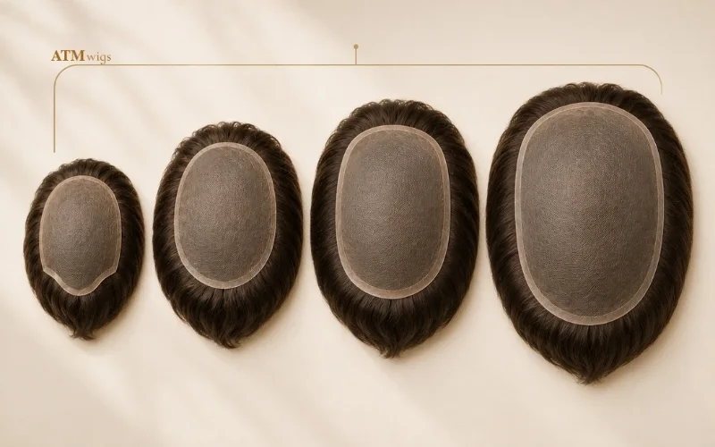 Different sizes of men's hair systems showing toupee and wider coverage options Different sizes of men's hair systems showing toupee and wider coverage options