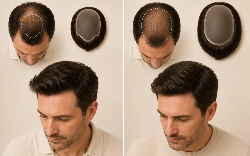 Toupee and hair system options matched to different levels of hair loss and coverage needs Toupee and hair system options matched to different levels of hair loss and coverage needs
