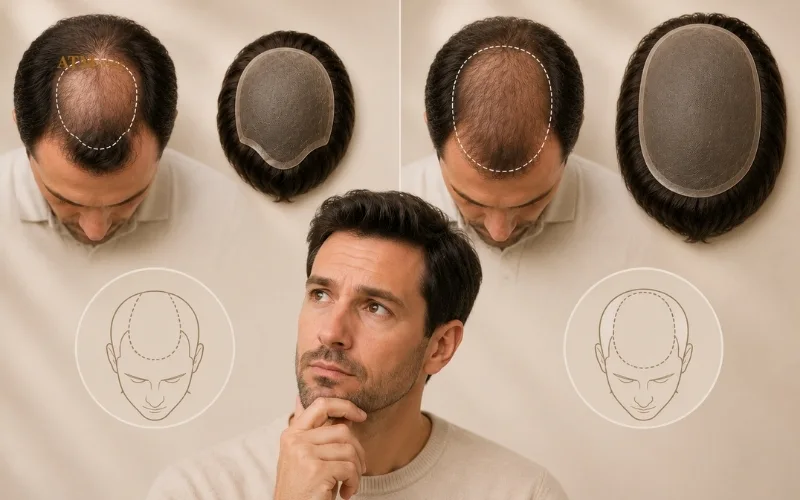 Toupee and hair system comparison for localized and broader hair loss coverage Toupee and hair system comparison for localized and broader hair loss coverage