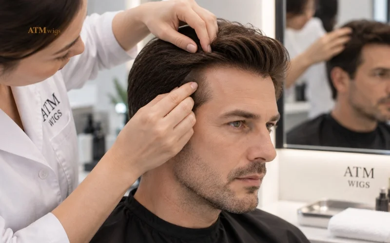 Stylist checking toupee edges and attachment before showering Stylist checking toupee edges and attachment before showering
