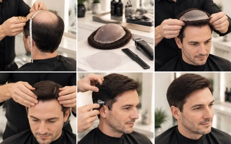 Toupee fitting and installation with measurement hairline placement and cut in Toupee fitting and installation with measurement hairline placement and cut in