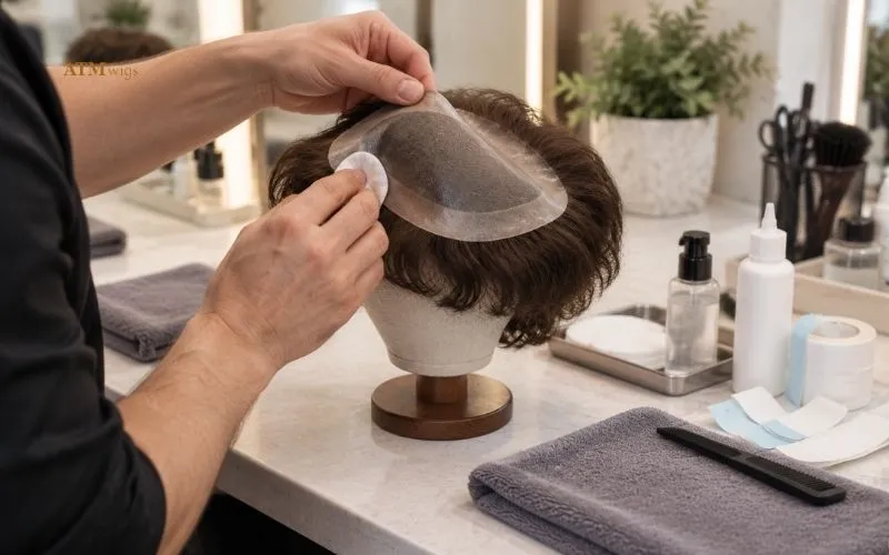 Toupee removal cleaning inspection and reapplication with gentle base care Toupee removal cleaning inspection and reapplication with gentle base care