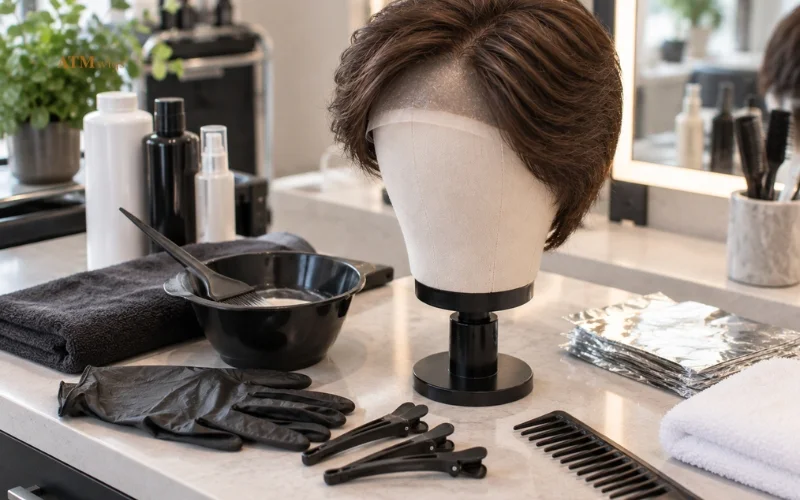 Hair dyeing tools prepared for coloring a human hair toupee Hair dyeing tools prepared for coloring a human hair toupee
