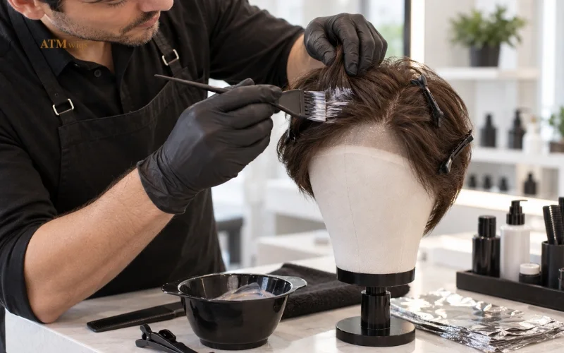 ATM Wigs human hair toupee being professionally prepared for custom coloring ATM Wigs human hair toupee being professionally prepared for custom coloring