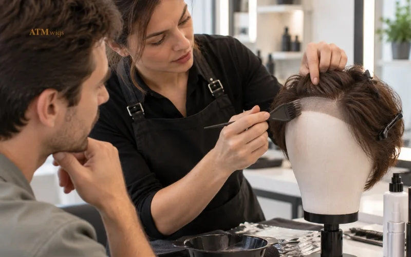 Stylist demonstrating how to avoid common toupee dyeing mistakes Stylist demonstrating how to avoid common toupee dyeing mistakes