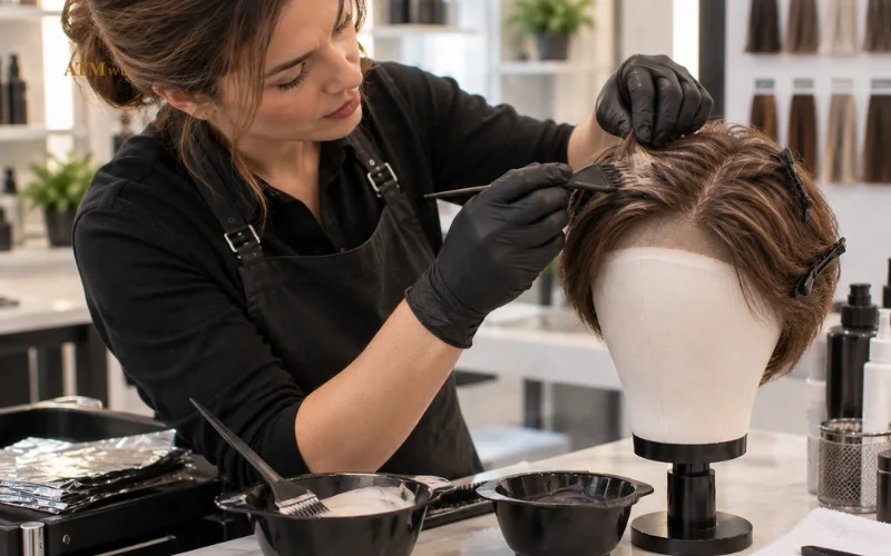 Stylist assessing uneven color on a human hair toupee Stylist assessing uneven color on a human hair toupee