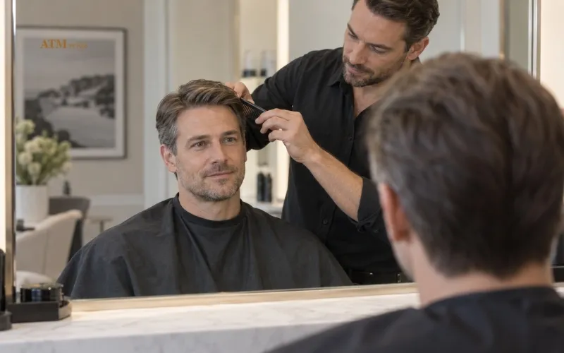Stylist adjusting a natural-looking toupee with realistic hairline and density Stylist adjusting a natural-looking toupee with realistic hairline and density