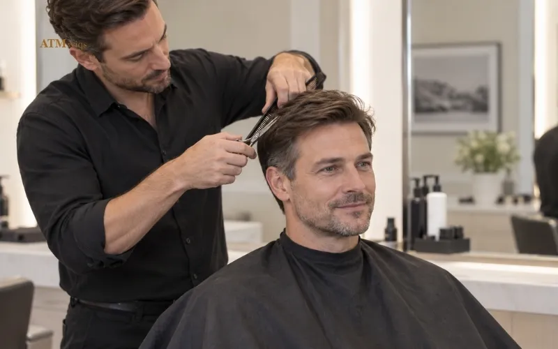 Professional stylist cutting and blending a new toupee with natural side hair Professional stylist cutting and blending a new toupee with natural side hair