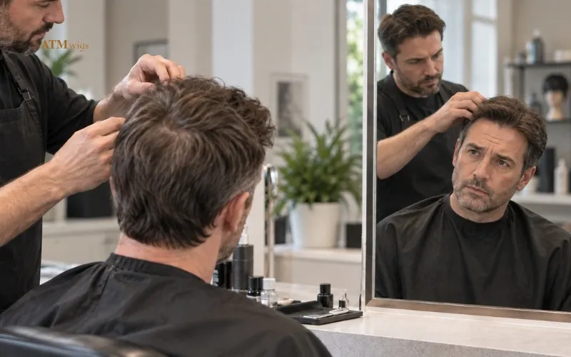 Stylist checking common toupee mistakes around the hairline temples and crown Stylist checking common toupee mistakes around the hairline temples and crown