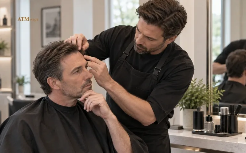Hair system specialist assessing a toupee fit and hairline during a professional consultation Hair system specialist assessing a toupee fit and hairline during a professional consultation
