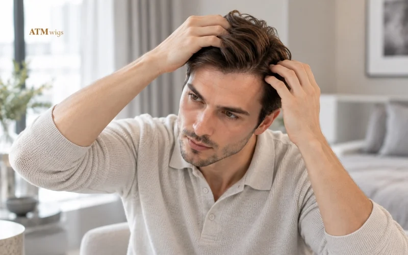 Man checking the natural hairline of a lace and skin toupee Man checking the natural hairline of a lace and skin toupee